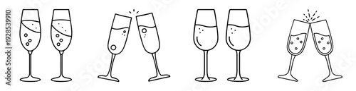 Black and white illustration of toasting champagne glasses, symbolizing celebration