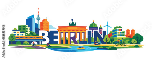 Berlin letters forming skyline with brandenburg gate and park
