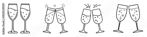 Elegant line art illustration of celebratory champagne or sparkling wine toasting