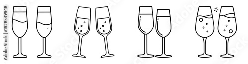 Simple black and white line art illustration of toasting champagne glasses
