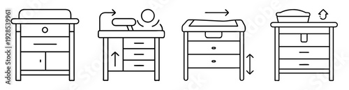 Set of changing tables and drawers illustrating different mechanisms with arrows