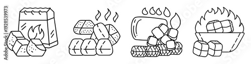 Line drawing of multiple different types of charcoal with fire flames