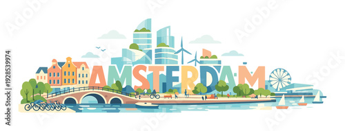 Amsterdam letters over canal with bridge, bike and houses