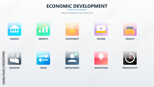 Economic development icons representing finance growth investment income wealth industry trade employment innovation and productivity