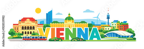 Vienna city letters with landmarks tram and park skyline