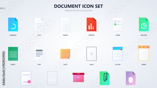 Collection of modern colorful document icons for business management including paper report form record sheet text note page letter