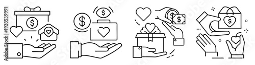 Icon set depicting different types of charity, giving, and donation concept