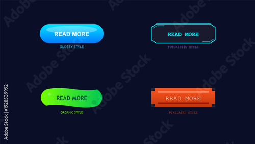Set of read more buttons in glossy futuristic organic and pixelated styles for web and mobile user interface design