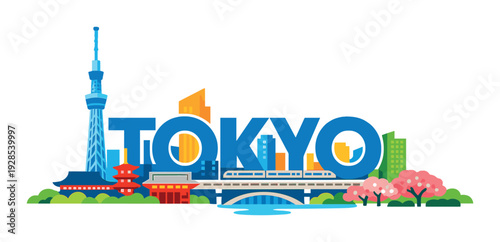 Tokyo letters with skyline tower train and cherry trees