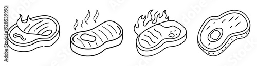 Cartoon illustration of four different steaks some with flames and grill marks