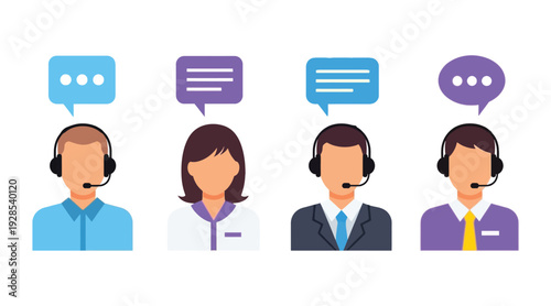 A diverse group of customer service agents wearing headsets and displaying chat bubbles above their heads, representing communication and support.