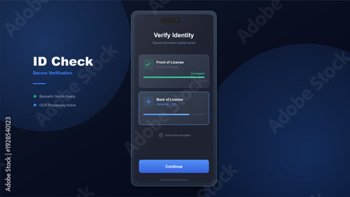 Mobile application interface for identity verification and secure document upload with progress bars on dark background