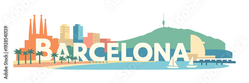 Barcelona lettering with coastal skyline and beachfront setting