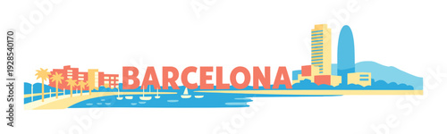 Barcelona lettering above bay with skyline and beach