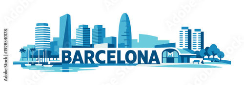 Barcelona sign integrated with modern skyline on waterfront