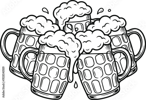 Hand Drawn Vintage Group of Beer Mugs Toasting Vector Illustration