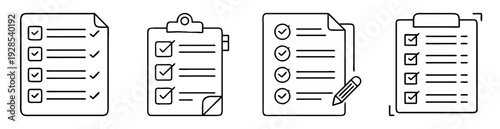 Collection of checklists and clipboards with checkmarks and task lists