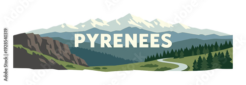 Snow capped peaks and winding road with cliffs pyrenees