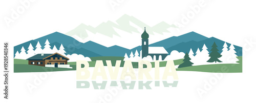 Bavaria lettering reflected on lake with chalet and church