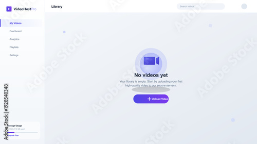 User interface dashboard for video hosting platform with empty state library and upload button