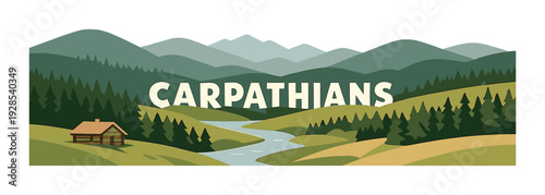 Hills and river with cabin in forested valley carpathians