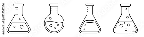 Four laboratory flasks filled with liquids and bubbles in a line illustration
