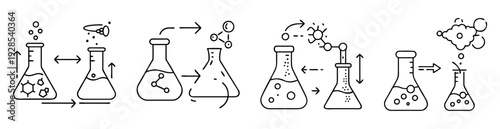 Illustrated scientific chemical reaction process showing molecules and chemical laboratory equipment