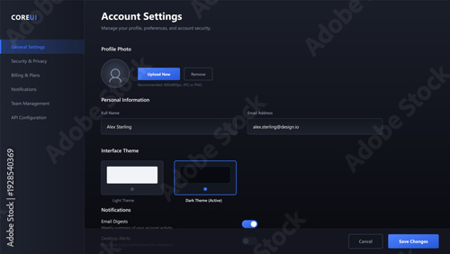 User account settings dashboard interface with dark mode theme profile management and personal information fields