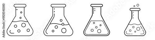 Outlined Chemical Beakers with Liquid and Bubbles for Scientific Experimentation
