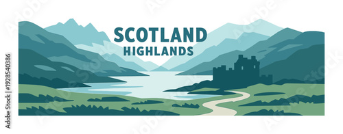 Scotland highlands landscape showing castle by loch