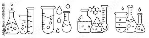 Black and white line drawing of chemical beakers and molecular structures