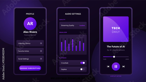 Dark mode mobile application user interface design for music streaming service featuring profile audio settings and player screens