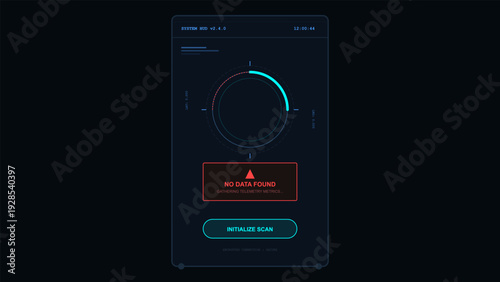 Futuristic heads up display interface with no data found error message and telemetry scanning progress bar on dark background