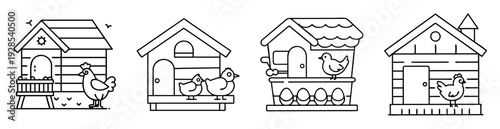 Collection of Simple Black and White Line Art Chicken Coop Illustrations
