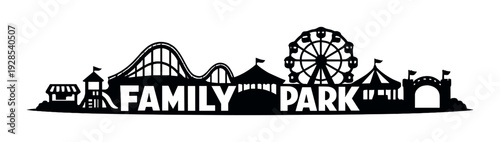 Family park sign with roller coaster and ferris wheel silhouette