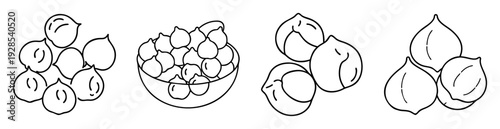 A simple black and white line drawing of different configurations of chickpeas