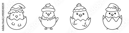 Outline drawings of baby chickens wearing winter hats hatching from cracked eggs