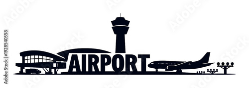 Airport terminal with control tower and airplane on runway