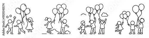 Black and white line art of children playing with balloons and celebrating