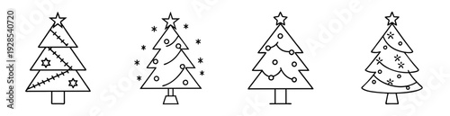 Four stylized Christmas trees with stars and decorations in black outline
