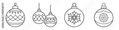 Line art drawing of several Christmas ornaments with intricate geometric and floral designs