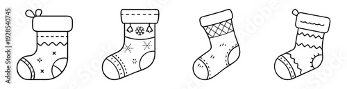 Collection of simple Christmas stocking black and white outline vector graphics
