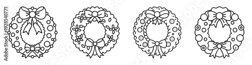 Four beautifully designed Christmas wreath outlines with bows and embellishments, in black and white