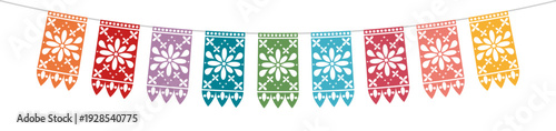 Vertical Mexican papel picado banner with floral cutouts for Cinco de Mayo decoration. Vector illustration