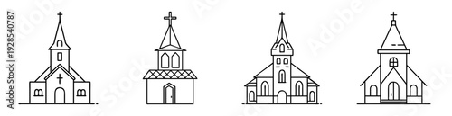 Four black and white minimalist line art illustrations of various church designs