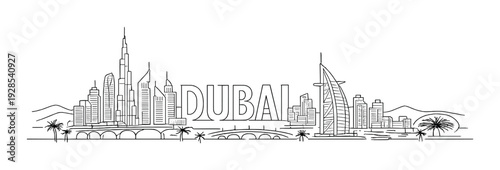 Dubai skyline sketch with dubai letters on dark background