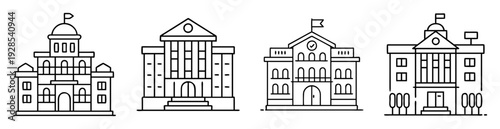 Minimalist depiction of various architectural styles of buildings in line art