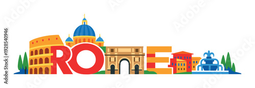 Rome lettering with colosseum and dome skyline on dark background