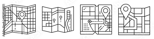 Collection of four outlined map illustrations indicating location and geographic information