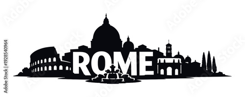 Rome letters illuminated with fountain against dark skyline